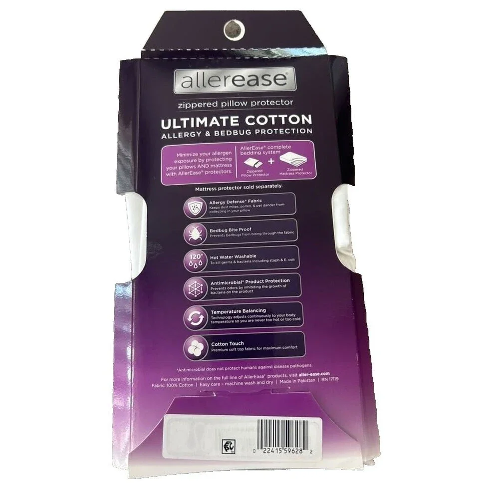 Allerease Standard/Queen 20x28 Cotton White Pillow Cover Case Zippered New